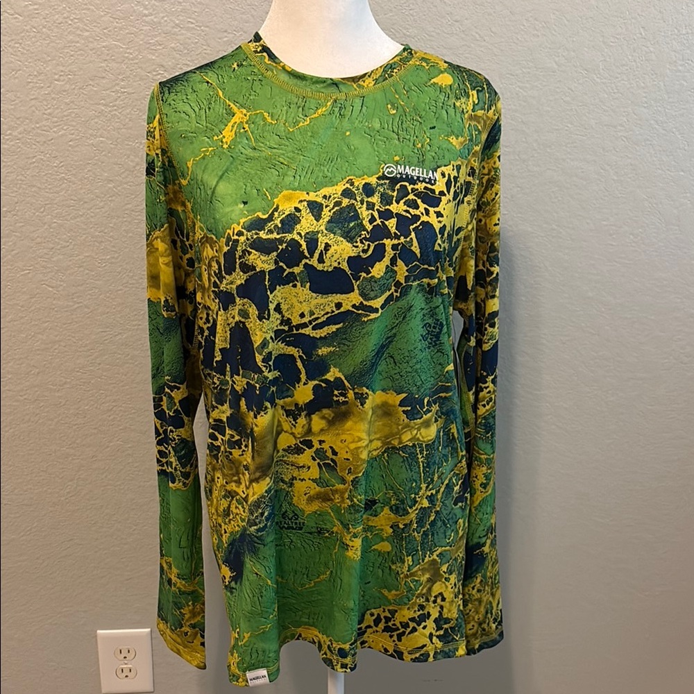 Magellan Outdoors Abstract Green and Yellow Shirt